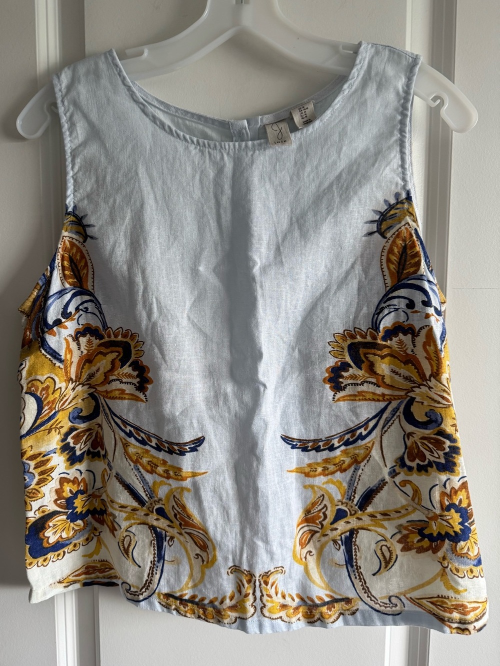 Joie 100% Linen Light Blue Sleeveless Top with Yellow & Navy Floral Pattern